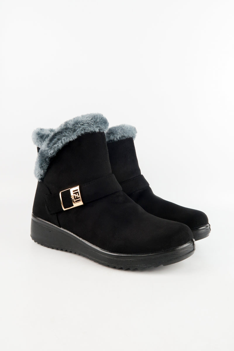 รองเท้าบูทหนังกำมะหยี่กันหนาวบุขน No.575 - Winter Faux Suede Button Warm Fur Lined Ankle Boots