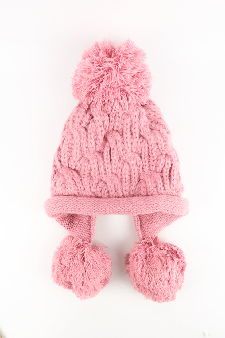 หมวกไหมพรมแต่งลูกตุ้ม บุขนหนาด้านใน - Winter Fleece Lining Beanie Hat with Pom