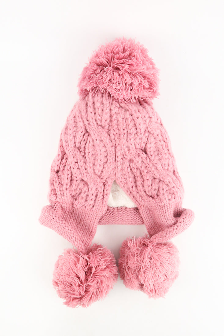 หมวกไหมพรมแต่งลูกตุ้ม บุขนหนาด้านใน - Winter Fleece Lining Beanie Hat with Pom