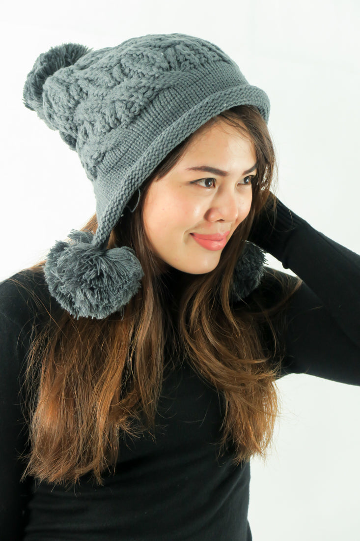 หมวกไหมพรมแต่งลูกตุ้ม บุขนหนาด้านใน - Winter Fleece Lining Beanie Hat with Pom