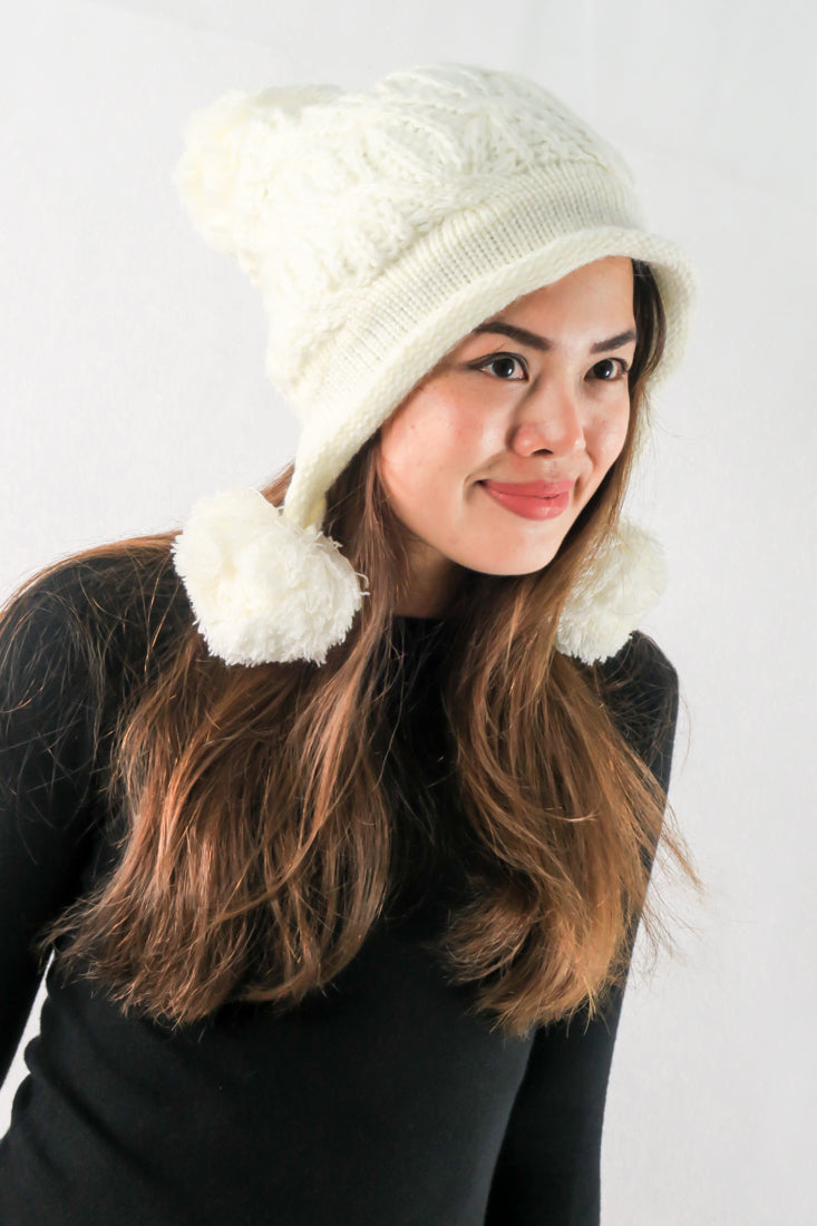 หมวกไหมพรมแต่งลูกตุ้ม บุขนหนาด้านใน - Winter Fleece Lining Beanie Hat with Pom