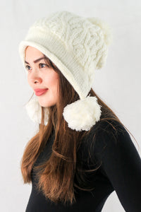 หมวกไหมพรมแต่งลูกตุ้ม บุขนหนาด้านใน - Winter Fleece Lining Beanie Hat with Pom