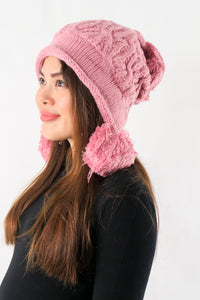 หมวกไหมพรมแต่งลูกตุ้ม บุขนหนาด้านใน - Winter Fleece Lining Beanie Hat with Pom