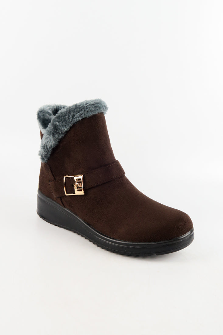 รองเท้าบูทหนังกำมะหยี่กันหนาวบุขน No.575 - Winter Faux Suede Button Warm Fur Lined Ankle Boots