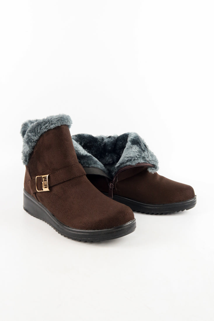 รองเท้าบูทหนังกำมะหยี่กันหนาวบุขน No.575 - Winter Faux Suede Button Warm Fur Lined Ankle Boots