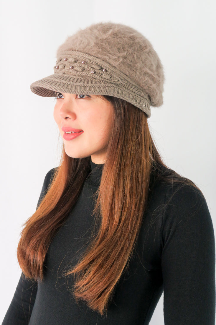 หมวกไหมพรมถักขนกระต่าย บุขนด้านใน  - Fleece Lining Winter Rabbit Hair Kintted Cap with Visor