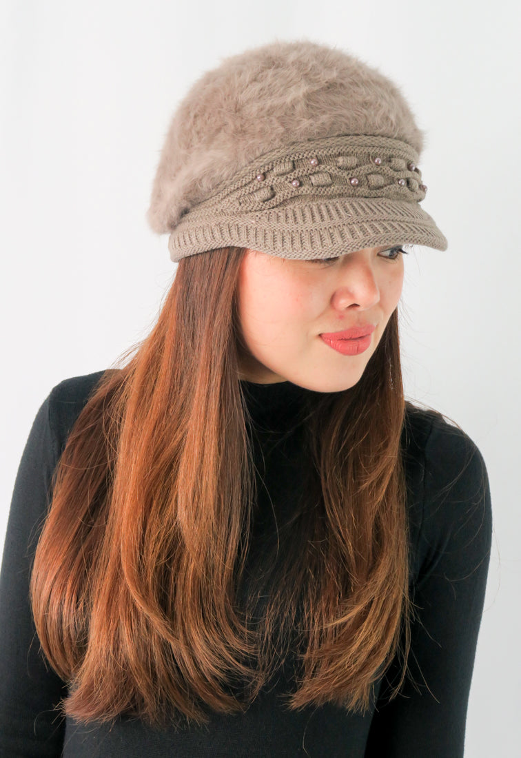 หมวกไหมพรมถักขนกระต่าย บุขนด้านใน  - Fleece Lining Winter Rabbit Hair Kintted Cap with Visor