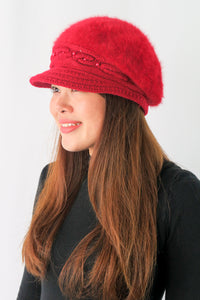 หมวกไหมพรมถักขนกระต่าย บุขนด้านใน  - Fleece Lining Winter Rabbit Hair Kintted Cap with Visor