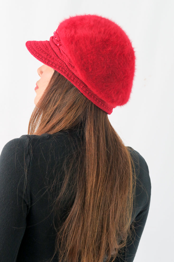 หมวกไหมพรมถักขนกระต่าย บุขนด้านใน  - Fleece Lining Winter Rabbit Hair Kintted Cap with Visor
