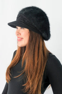 หมวกไหมพรมถักขนกระต่าย บุขนด้านใน  - Fleece Lining Winter Rabbit Hair Kintted Cap with Visor