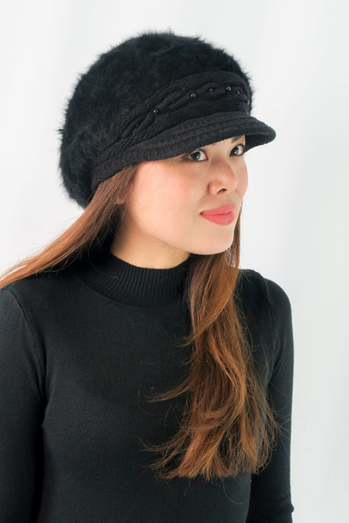 หมวกไหมพรมถักขนกระต่าย บุขนด้านใน  - Fleece Lining Winter Rabbit Hair Kintted Cap with Visor