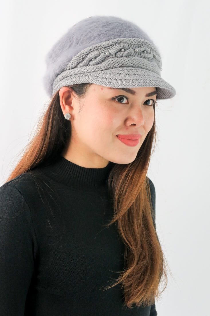 หมวกไหมพรมถักขนกระต่าย บุขนด้านใน  - Fleece Lining Winter Rabbit Hair Kintted Cap with Visor