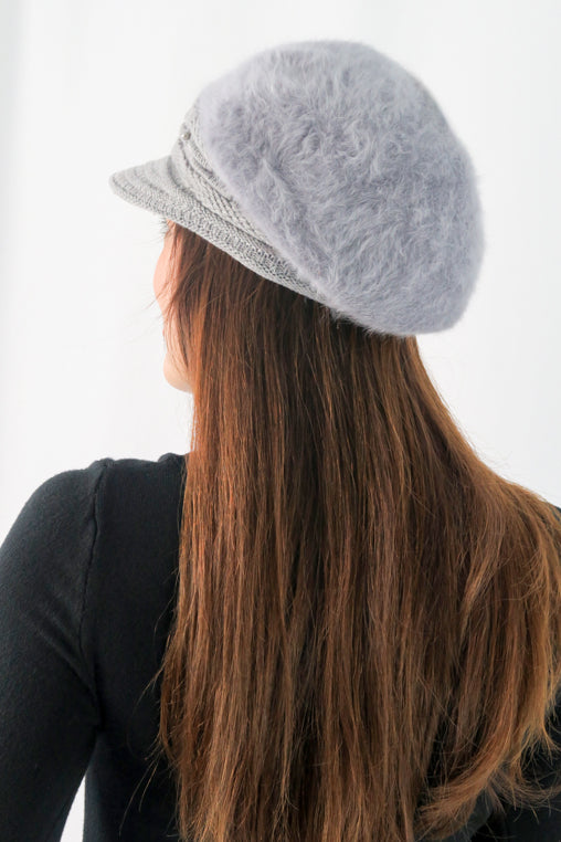 หมวกไหมพรมถักขนกระต่าย บุขนด้านใน  - Fleece Lining Winter Rabbit Hair Kintted Cap with Visor