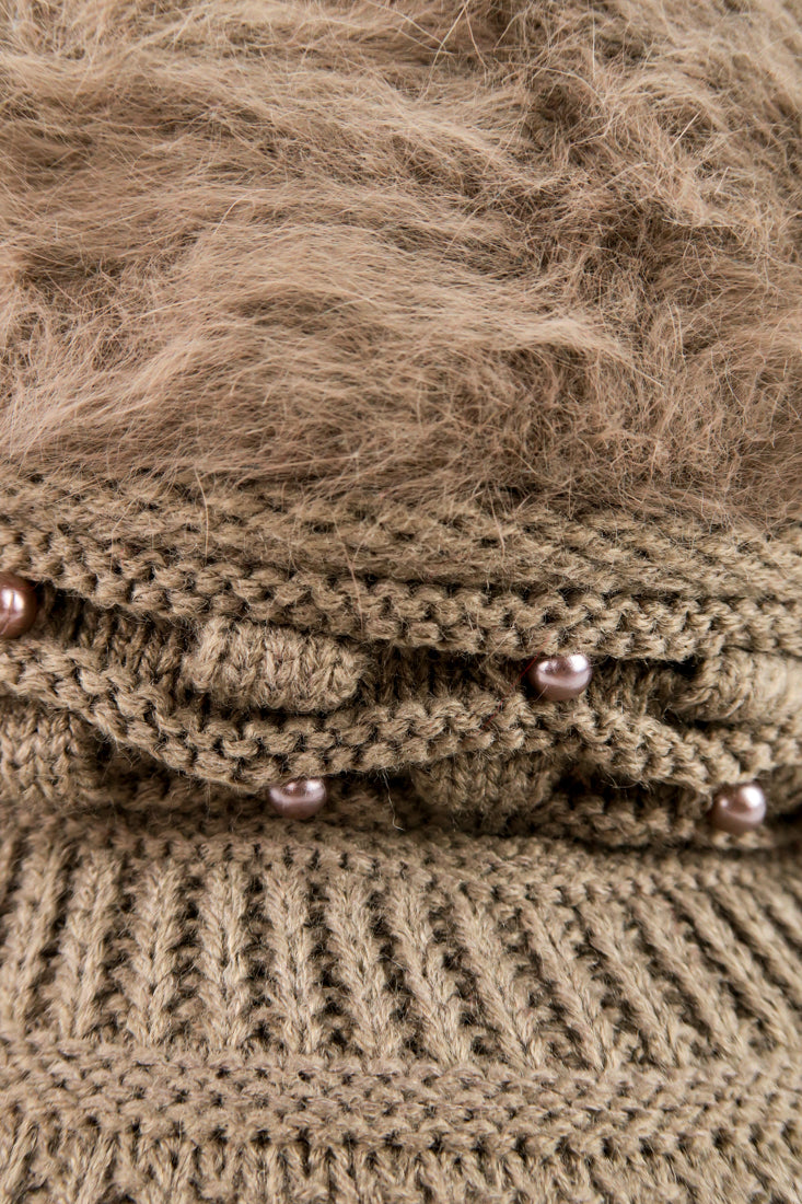 หมวกไหมพรมถักขนกระต่าย บุขนด้านใน  - Fleece Lining Winter Rabbit Hair Kintted Cap with Visor
