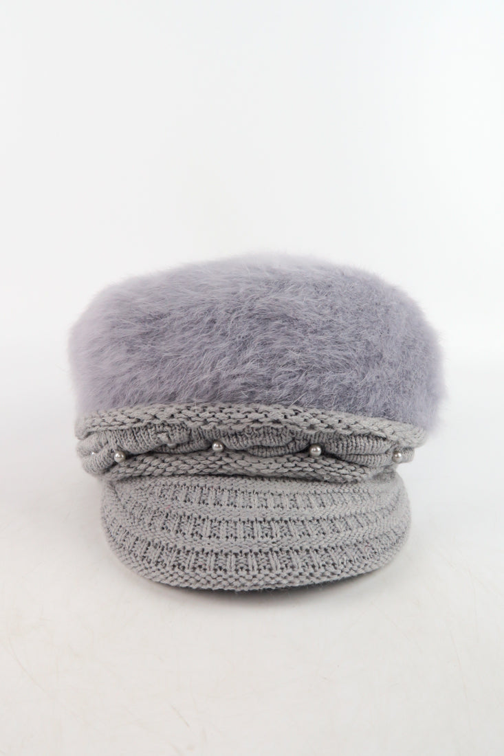 หมวกไหมพรมถักขนกระต่าย บุขนด้านใน  - Fleece Lining Winter Rabbit Hair Kintted Cap with Visor