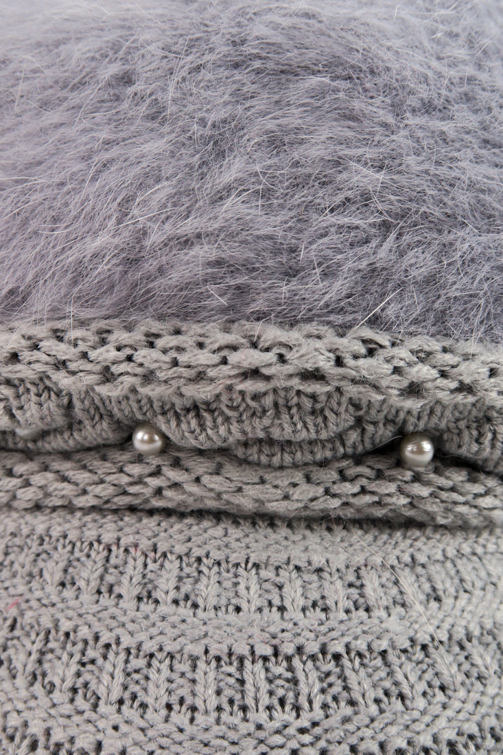 หมวกไหมพรมถักขนกระต่าย บุขนด้านใน  - Fleece Lining Winter Rabbit Hair Kintted Cap with Visor