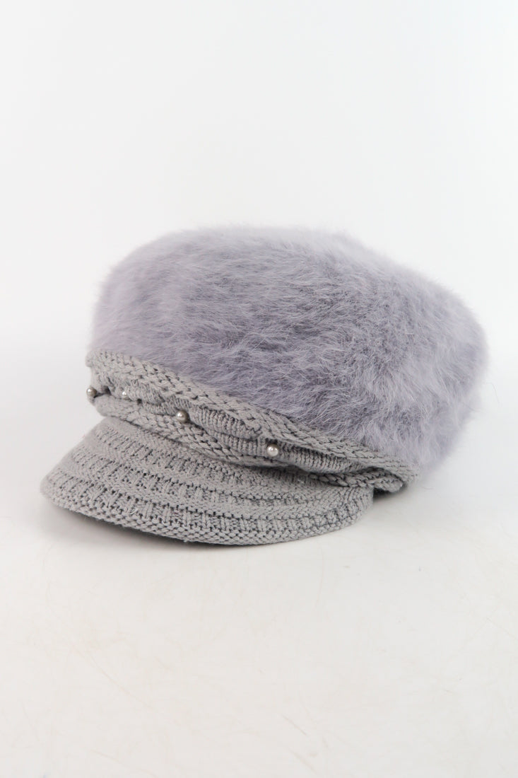 หมวกไหมพรมถักขนกระต่าย บุขนด้านใน  - Fleece Lining Winter Rabbit Hair Kintted Cap with Visor