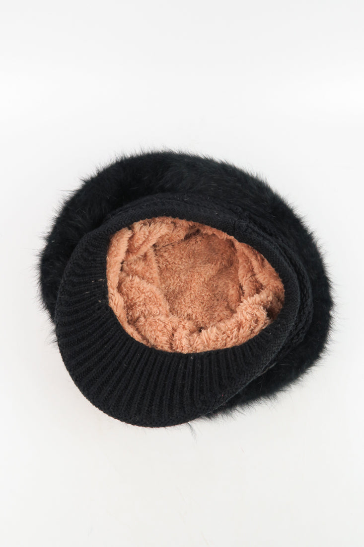 หมวกไหมพรมถักขนกระต่าย บุขนด้านใน  - Fleece Lining Winter Rabbit Hair Kintted Cap with Visor