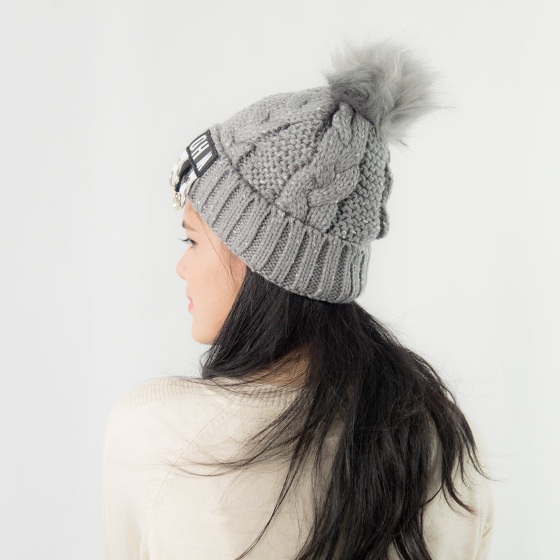หมวกไหมพรมแต่งปอม บุขนหนาด้านใน NO.168- Winter Fleece Lining Beanie Hat with Pom