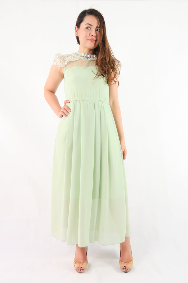 ชุดราตรียาว - Lace Cap Sleeve Evening Maxi Dress