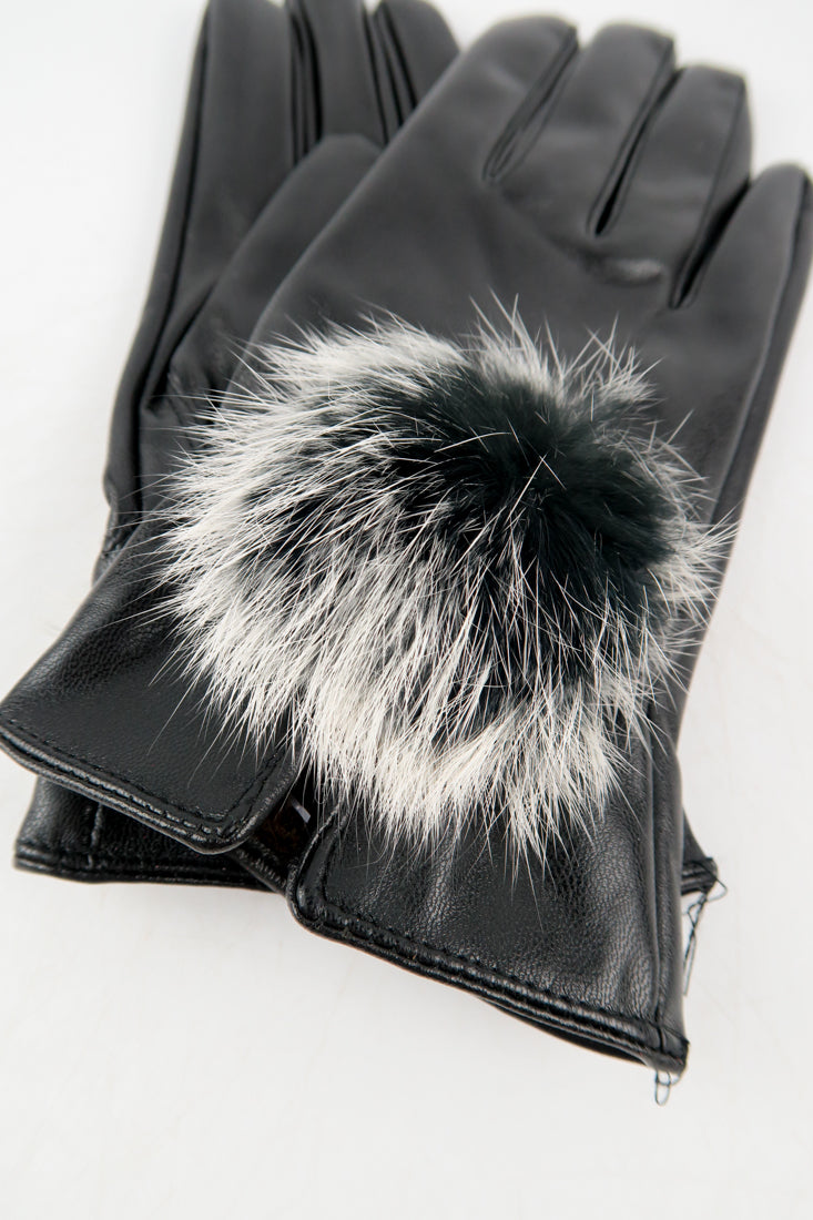 ถุงมือหนังกันหนาว ปอมเล็กดำขาว  - Genuine Leather Gloves