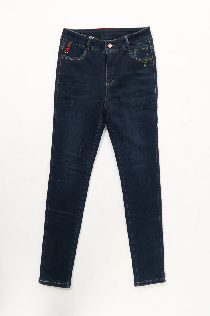 กางเกงยีนส์ กางเกงบุกันหนาว ทรงสกินนี่ขา 9 ส่วน - Winter Straight Mid-Rise Fleece Lining Jeans