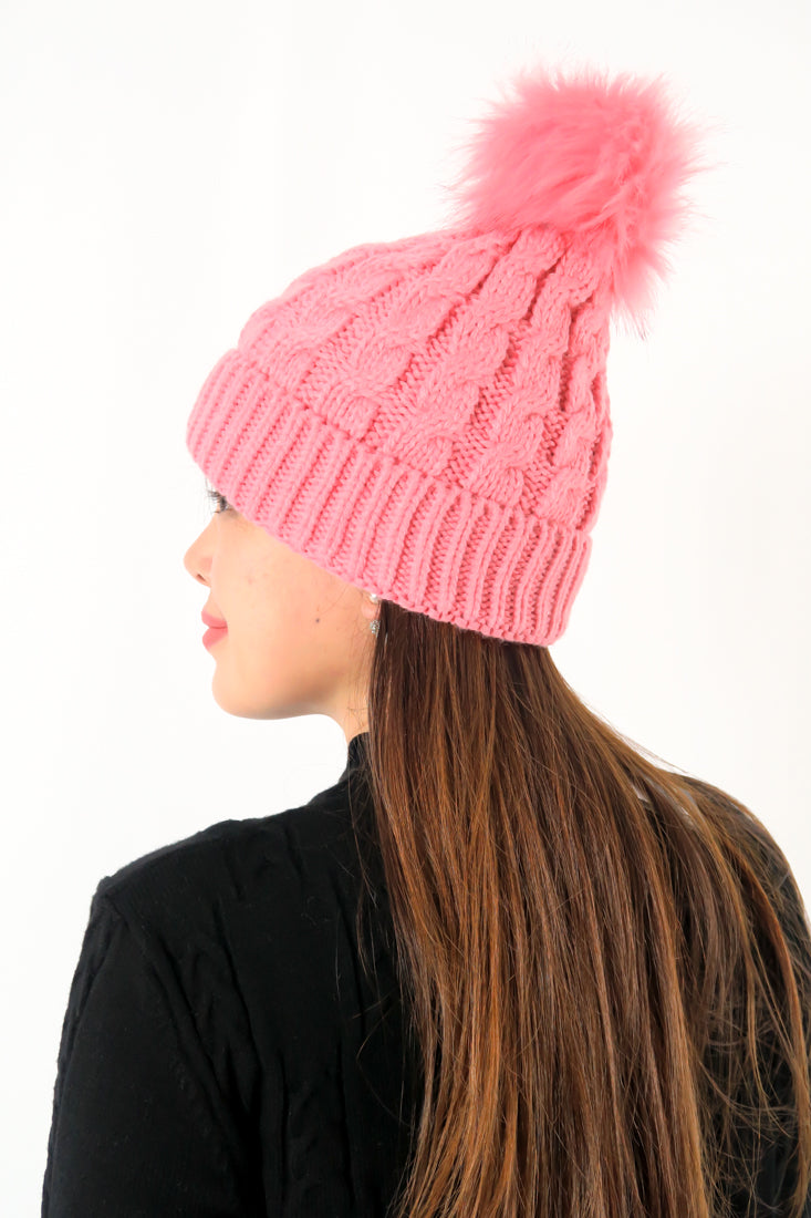 หมวกไหมพรม ทรงบีนนี่แต่งปอม แบบบุขนด้านใน - Thick Cable Knitted Fleece Lined Pom Pom Beanie Hat with Hair Tie