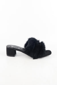 รองเท้าสั้นสูงแต่งขนเฟอร์ - Fluffy Fur Slide Sandals Fashion Block Mid Heel Mule Slippers