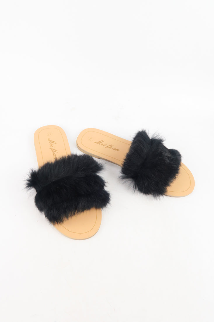 Furry Slides Fashion Fur Sandals Square Ladies