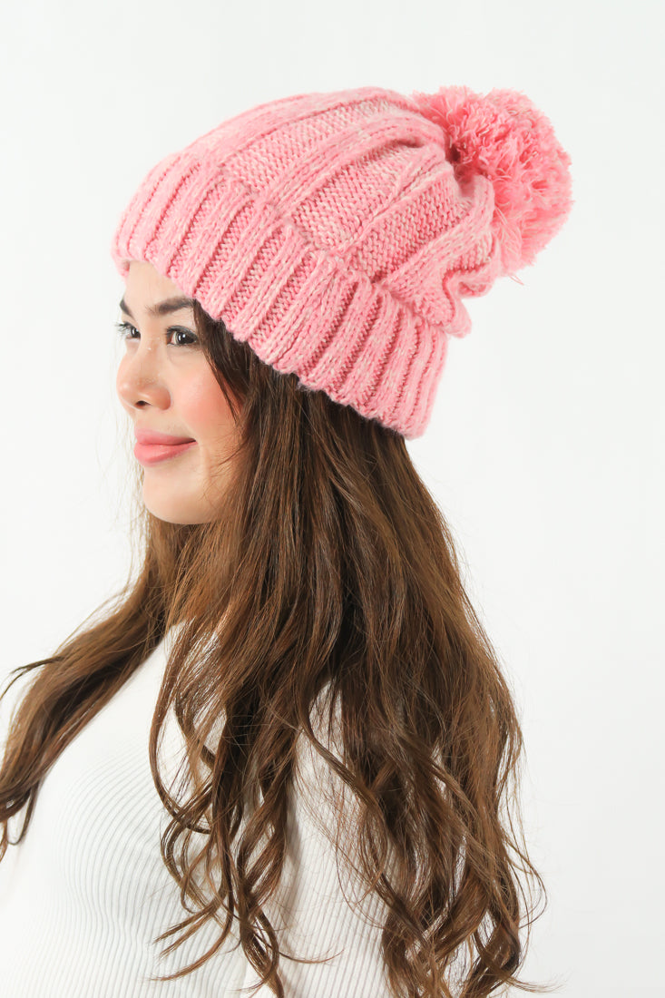 หมวกไหมพรม ทรงบีนนี่แต่งปอม แบบบุขนด้านใน - Thick Cable Knitted Fleece Lined Pom Pom Beanie Hat