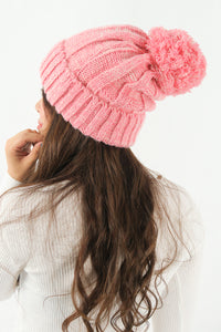 หมวกไหมพรม ทรงบีนนี่แต่งปอม แบบบุขนด้านใน - Thick Cable Knitted Fleece Lined Pom Pom Beanie Hat