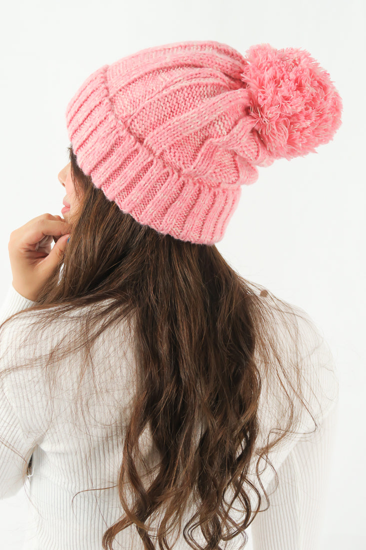 หมวกไหมพรม ทรงบีนนี่แต่งปอม แบบบุขนด้านใน - Thick Cable Knitted Fleece Lined Pom Pom Beanie Hat