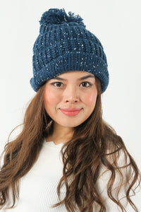 หมวกไหมพรม ทรงบีนนี่แต่งปอม แบบบุขนด้านใน - Winter Beanie Warm Fleece Lining Thick Slouchy Cable Knit Hat
