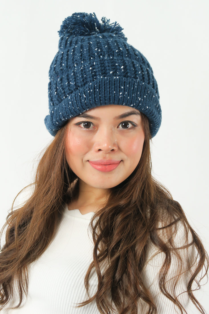 หมวกไหมพรม ทรงบีนนี่แต่งปอม แบบบุขนด้านใน - Winter Beanie Warm Fleece Lining Thick Slouchy Cable Knit Hat