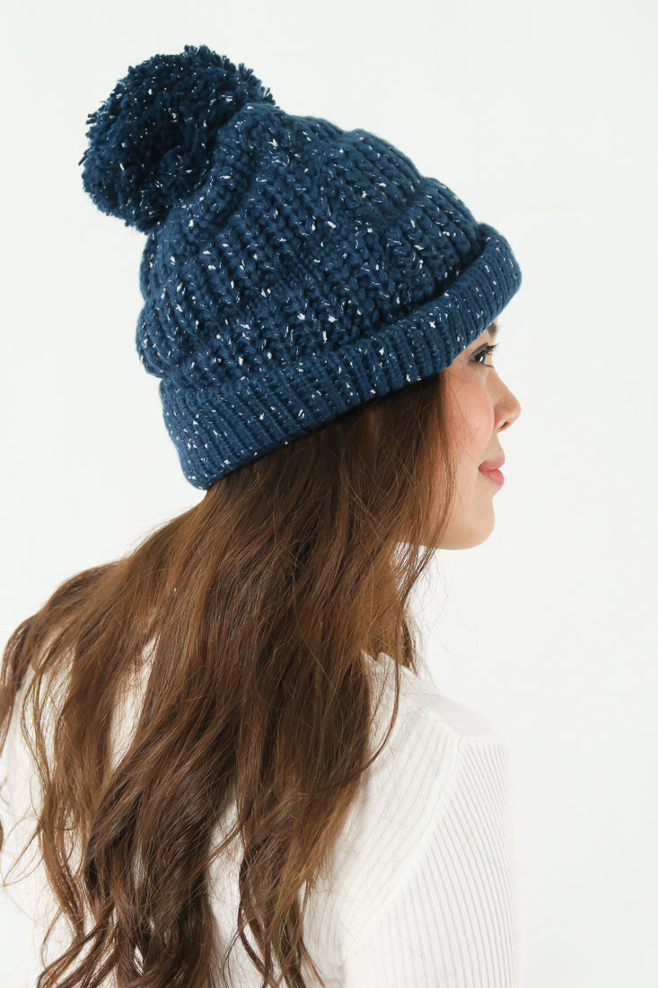 หมวกไหมพรม ทรงบีนนี่แต่งปอม แบบบุขนด้านใน - Winter Beanie Warm Fleece Lining Thick Slouchy Cable Knit Hat