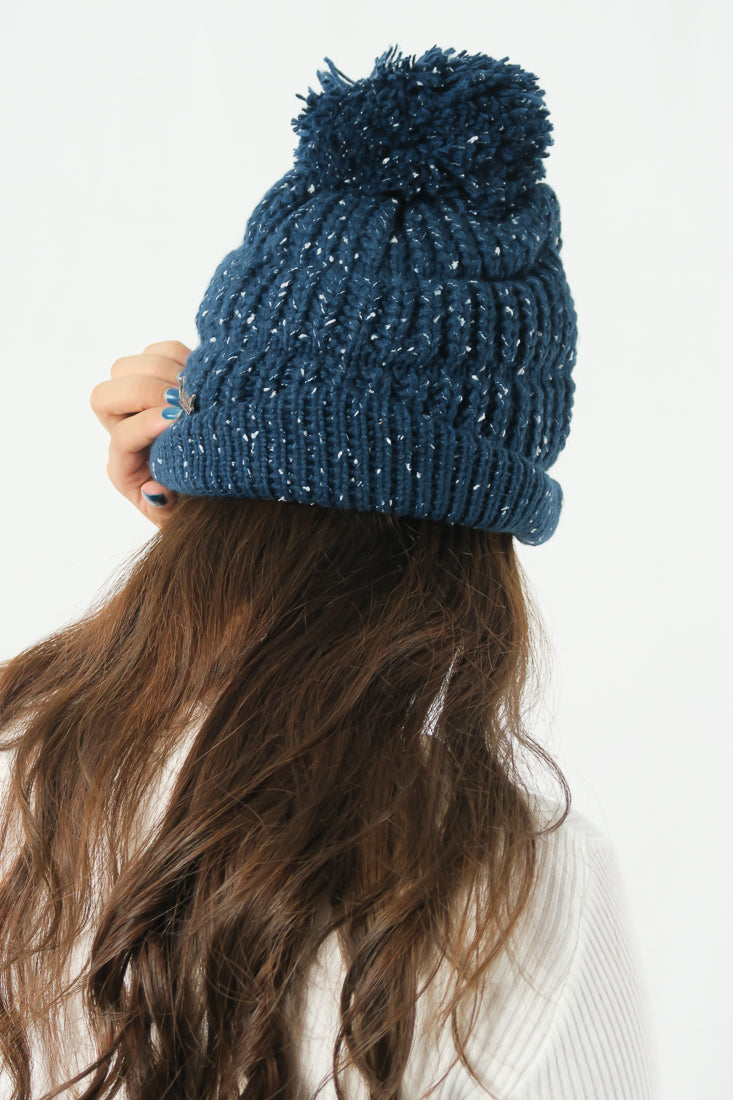 หมวกไหมพรม ทรงบีนนี่แต่งปอม แบบบุขนด้านใน - Winter Beanie Warm Fleece Lining Thick Slouchy Cable Knit Hat