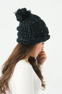 หมวกไหมพรม ทรงบีนนี่แต่งปอม แบบบุขนด้านใน - Winter Beanie Warm Fleece Lining Thick Slouchy Cable Knit Hat