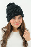 หมวกไหมพรม ทรงบีนนี่แต่งปอม แบบบุขนด้านใน - Winter Beanie Warm Fleece Lining Thick Slouchy Cable Knit Hat
