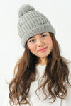 หมวกไหมพรม ทรงบีนนี่แต่งปอม แบบบุขนด้านใน - Winter Beanie Warm Fleece Lining Thick Slouchy Cable Knit Hat