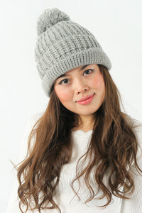 หมวกไหมพรม ทรงบีนนี่แต่งปอม แบบบุขนด้านใน - Winter Beanie Warm Fleece Lining Thick Slouchy Cable Knit Hat