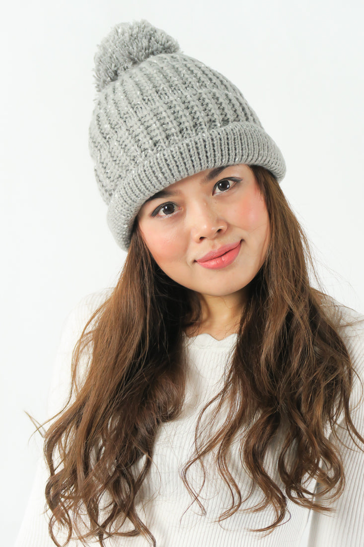 หมวกไหมพรม ทรงบีนนี่แต่งปอม แบบบุขนด้านใน - Winter Beanie Warm Fleece Lining Thick Slouchy Cable Knit Hat
