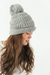 หมวกไหมพรม ทรงบีนนี่แต่งปอม แบบบุขนด้านใน - Winter Beanie Warm Fleece Lining Thick Slouchy Cable Knit Hat