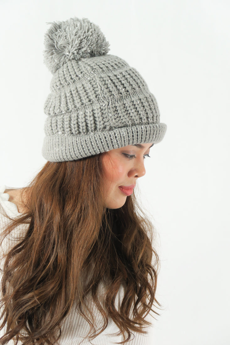 หมวกไหมพรม ทรงบีนนี่แต่งปอม แบบบุขนด้านใน - Winter Beanie Warm Fleece Lining Thick Slouchy Cable Knit Hat