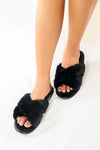 รองเท้าแตะขนเฟอร์ - Cross Straps Plush Faux Fur Rubber Sole House Slipper