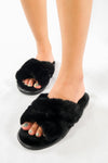 รองเท้าแตะขนเฟอร์ - Cross Straps Plush Faux Fur Rubber Sole House Slipper