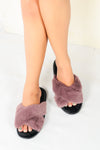 รองเท้าแตะขนเฟอร์ - Cross Straps Plush Faux Fur Rubber Sole House Slipper