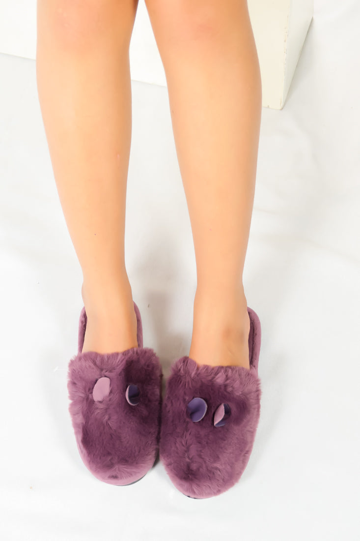 รองเท้าแตะขนเฟอร์ - Plush Faux Fur House Rubber Sole Slipper