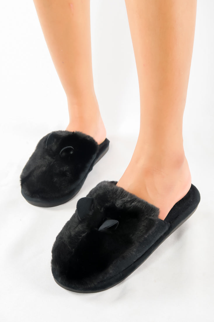 รองเท้าแตะขนเฟอร์ - Plush Faux Fur House Rubber Sole Slipper