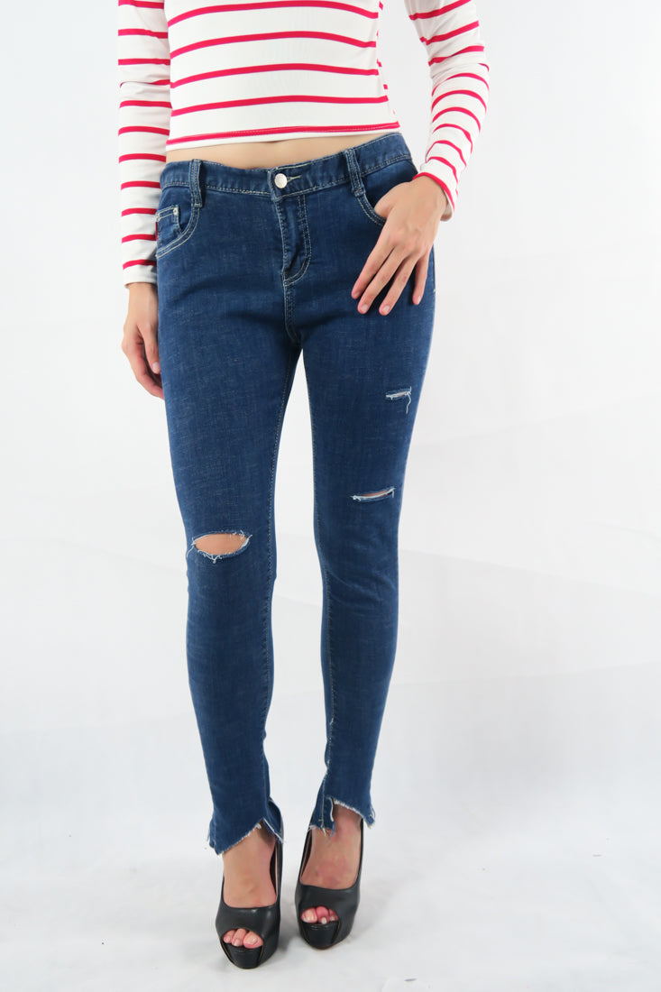กางเกงยีนส์เเต่งขาด - High-Waisted Skinny Jeans