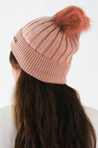 หมวกไหมพรมทรงบีนนี่แต่งปอม -  Beanie Fleece Lining Knit Hat